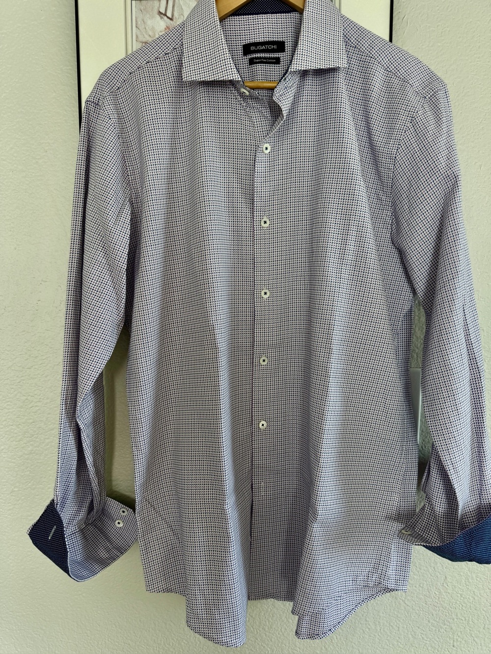 Bugatchi Men's Micro-Check Dress Shirt in Blue and White